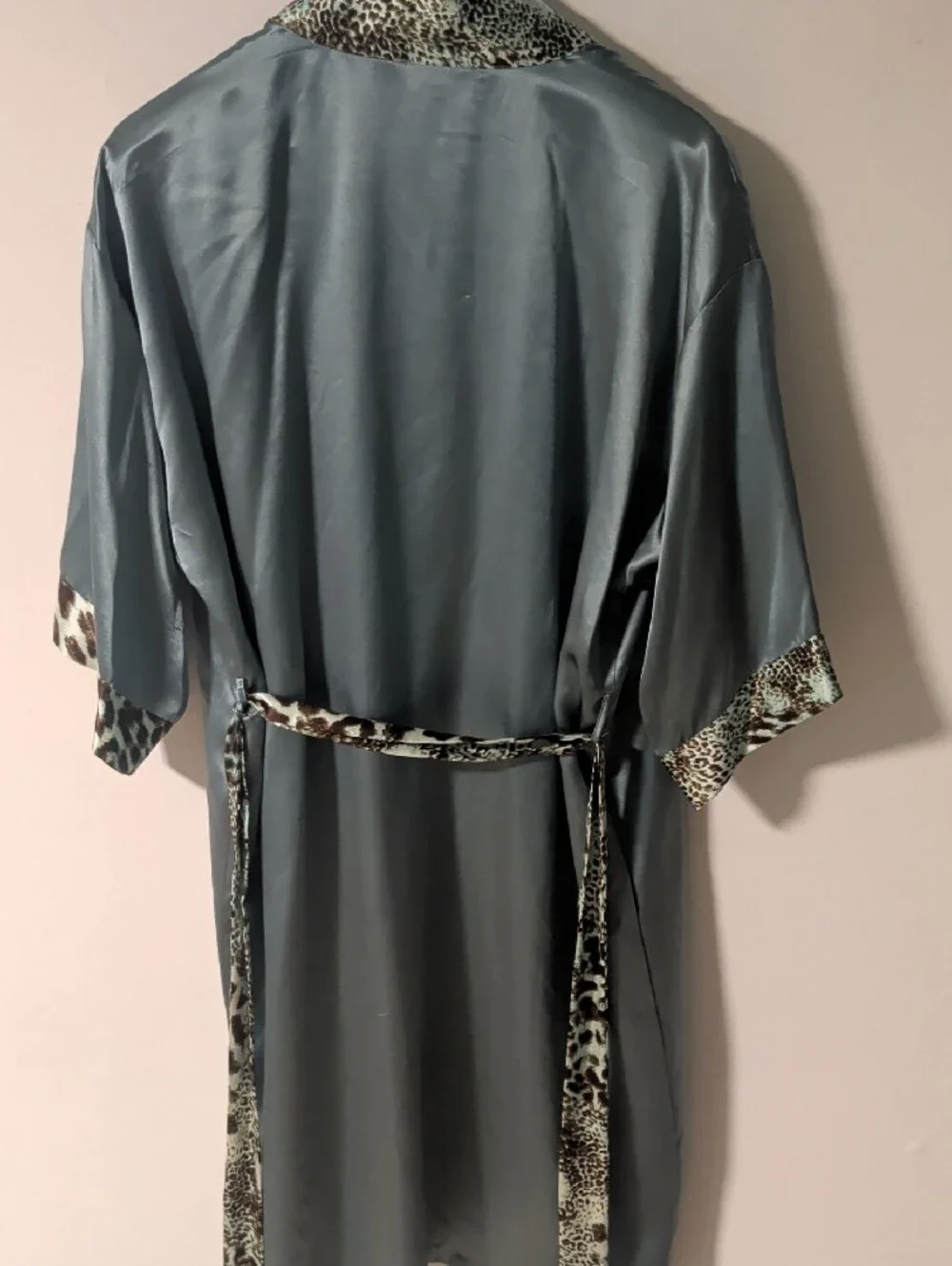 Silky Sage Leopard Trim Robe - Women's Silk Kimono Wrap Panthera Robe